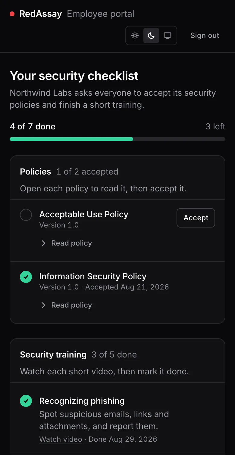 The employee portal on a phone: security checklist 4 of 7 done, one policy accepted and one waiting, and the first training items.