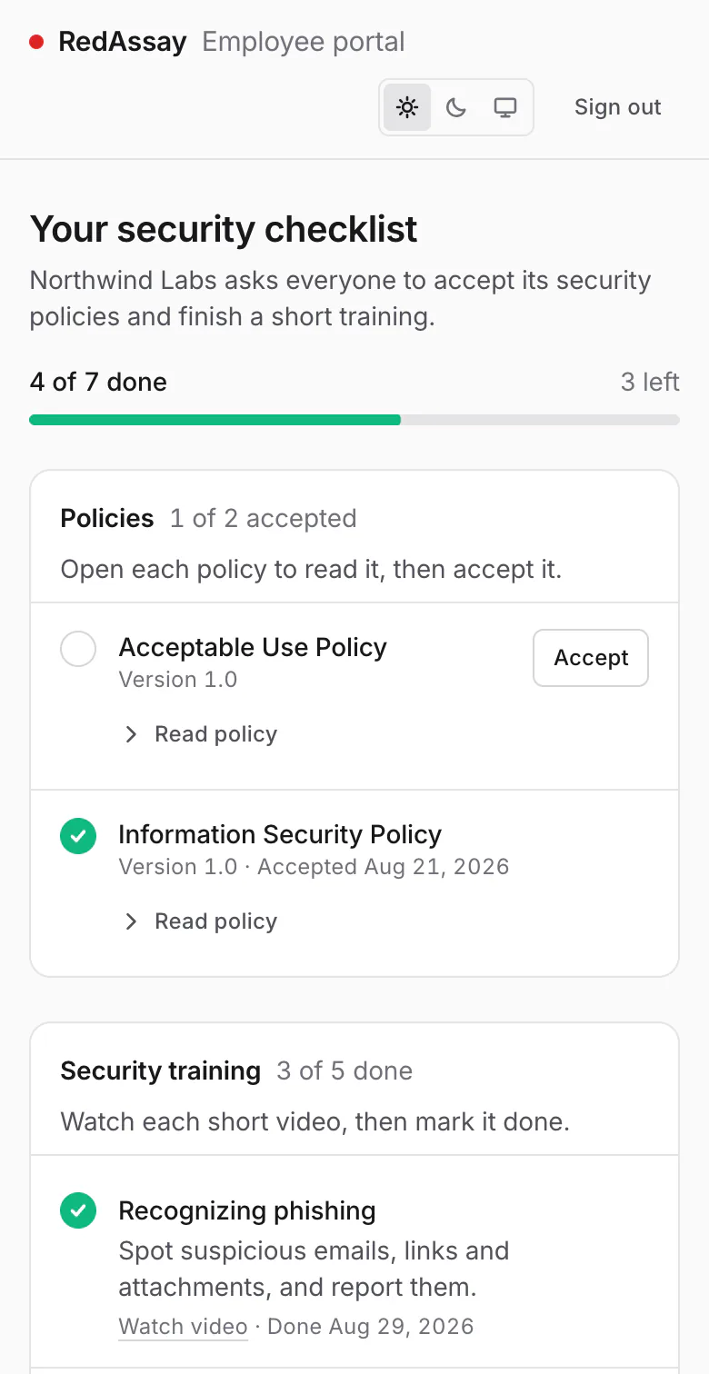 The employee portal on a phone: security checklist 4 of 7 done, one policy accepted and one waiting, and the first training items.