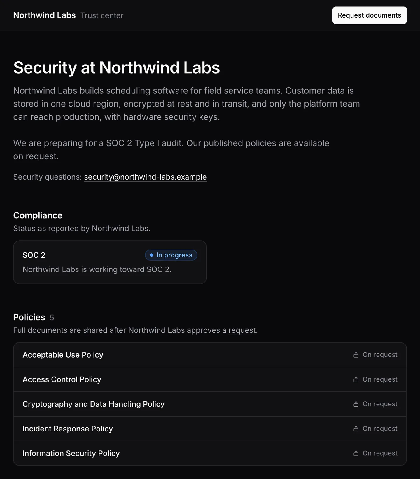 Northwind Labs' public trust center: security overview, SOC 2 in progress, and five policies available on request.