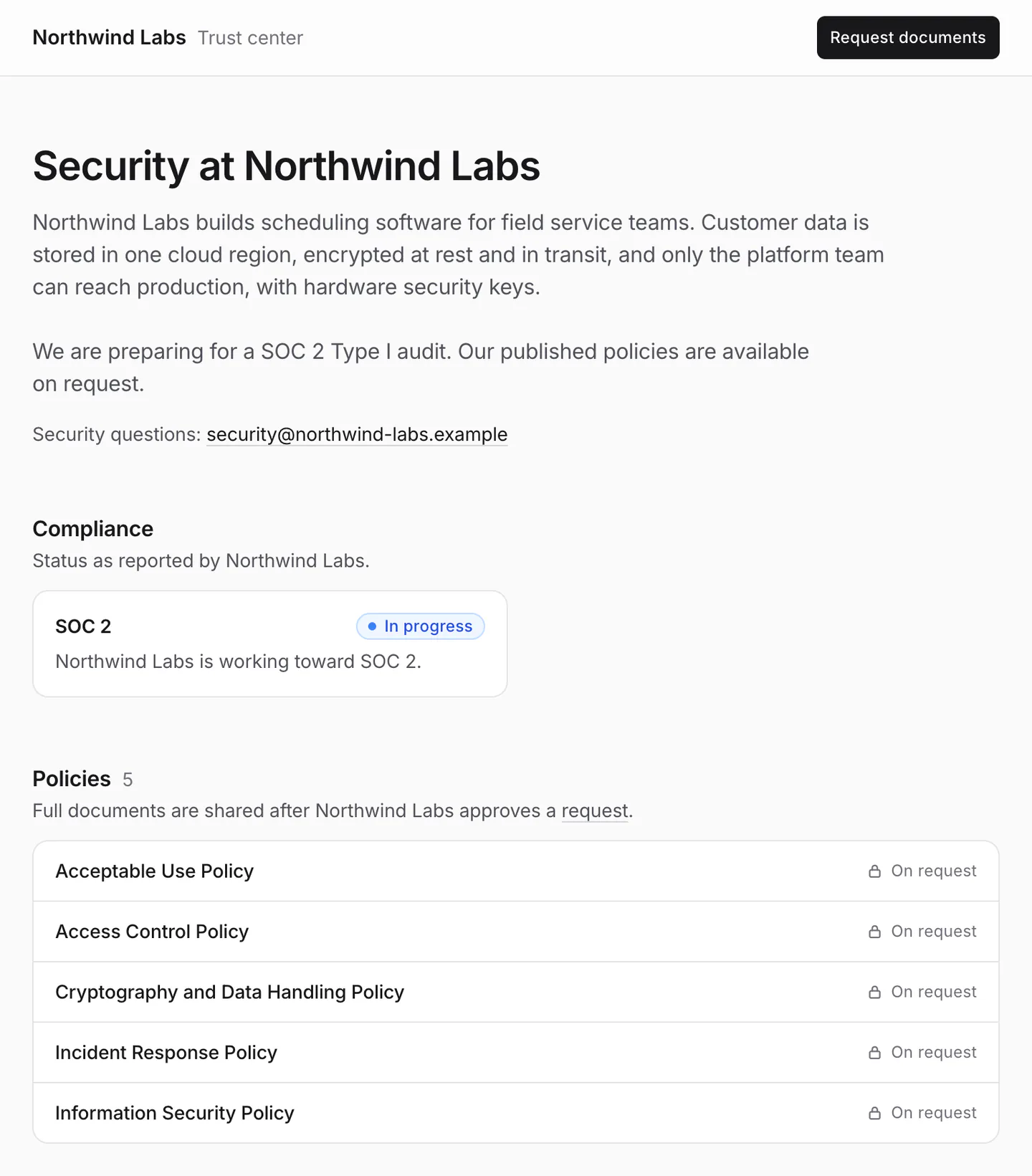 Northwind Labs' public trust center: security overview, SOC 2 in progress, and five policies available on request.