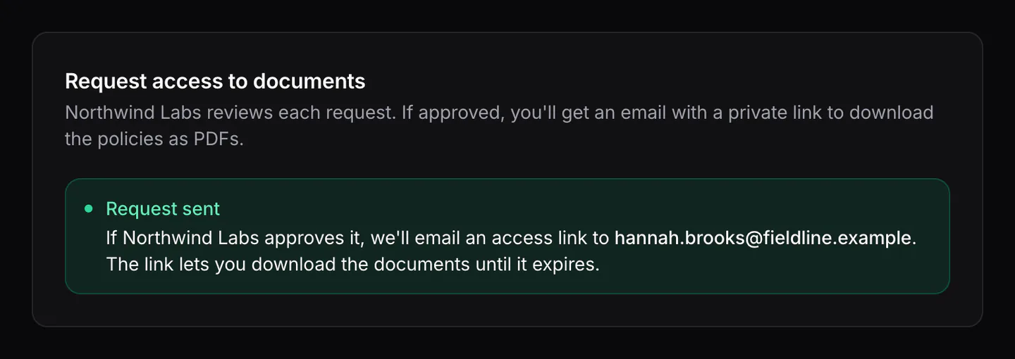 The trust center's access form after sending: the reviewer is told a link will be emailed if the request is approved.