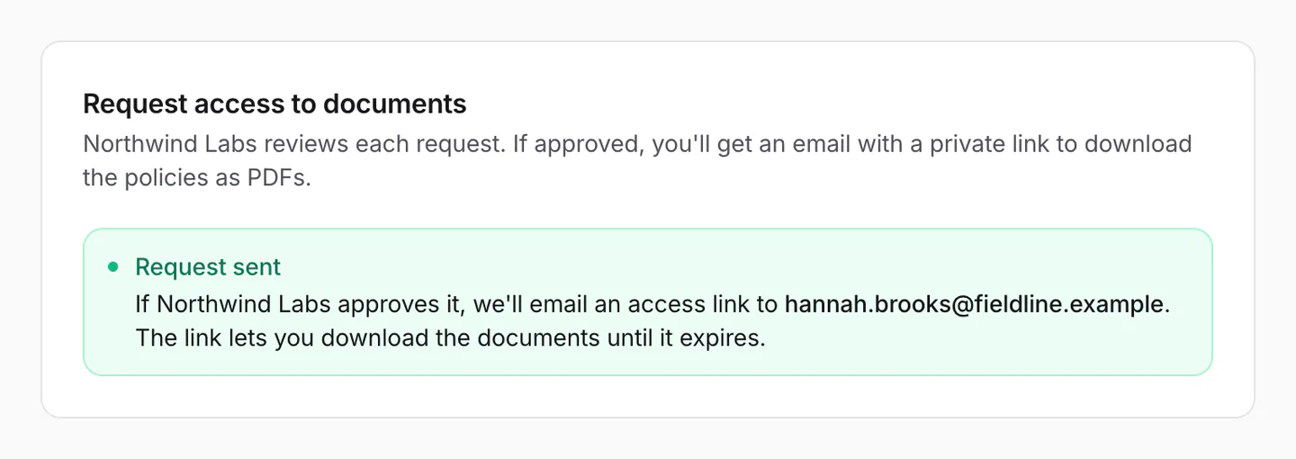 The trust center's access form after sending: the reviewer is told a link will be emailed if the request is approved.